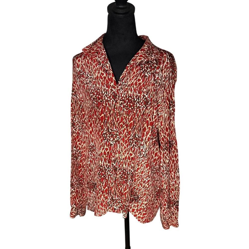 Women's Size 14 Jacqueline Ferrar 100% Silk Blouse Red Animal Print